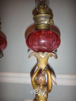 Antique Pair Cold Painted Spelter Figural Flowers Women Cranberry Glass OIl Lamp
