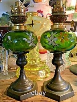 Antique Pair French Peg Hand Painted Green Glass Oil Lamp Brass Candlesticks