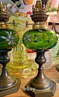 Antique Pair French Peg Hand Painted Green Glass Oil Lamp Brass Candlesticks