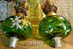 Antique Pair French Peg Hand Painted Green Glass Oil Lamp Brass Candlesticks