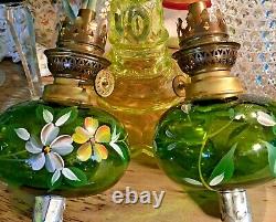 Antique Pair French Peg Hand Painted Green Glass Oil Lamp Brass Candlesticks