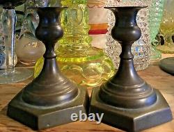 Antique Pair French Peg Hand Painted Green Glass Oil Lamp Brass Candlesticks