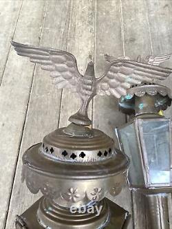 Antique Pair of Brass Coach Carriage Lamps Funeral Hearse Oil Lantern 20 Eagle