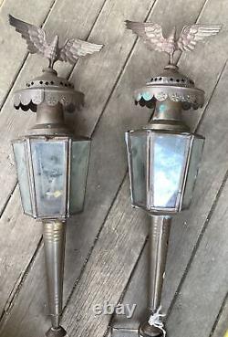 Antique Pair of Brass Coach Carriage Lamps Funeral Hearse Oil Lantern 20 Eagle