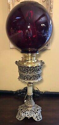 Antique Parker Brass Banquet Oil Lamp Electrified 26