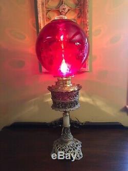 Antique Parker Brass Banquet Oil Lamp Electrified 26