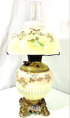 Antique Parker Oil Lamp with Shade Globe Parlor Style Bird Scenery Pink READ