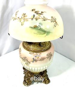 Antique Parker Oil Lamp with Shade Globe Parlor Style Bird Scenery Pink READ