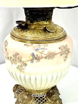 Antique Parker Oil Lamp with Shade Globe Parlor Style Bird Scenery Pink READ