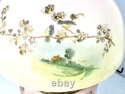 Antique Parker Oil Lamp with Shade Globe Parlor Style Bird Scenery Pink READ