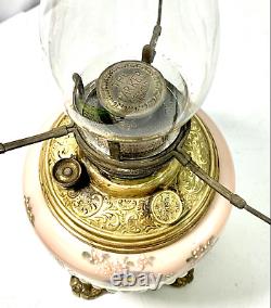 Antique Parker Oil Lamp with Shade Globe Parlor Style Bird Scenery Pink READ