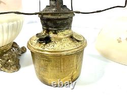 Antique Parker Oil Lamp with Shade Globe Parlor Style Bird Scenery Pink READ