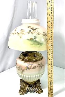 Antique Parker Oil Lamp with Shade Globe Parlor Style Bird Scenery Pink READ