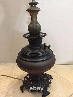 Antique Parker Table Metal Lamp Converted Electric Oil Lamp withShade, 27 Tall