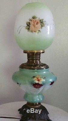 Antique Parlor GWTW Hurricane Lamp Oil lamp Electrified Hand-Painted Roses