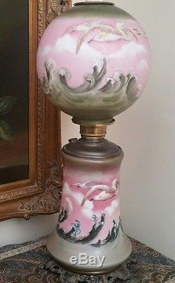 Antique Parlor GWTW Oil Lamp Electrified Hand Painted Mermaid Khoifish Sea Segal