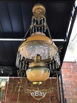Antique Parlor Library Chandelier Hanging Oil Lamp Shade Crystals Smoke Bell