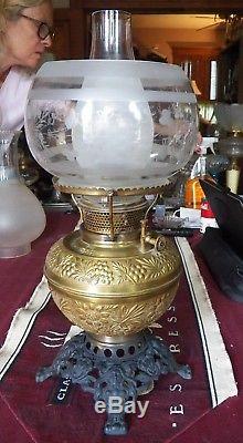 Antique Parlor Oil Lamp, B & H, Bradley & Hubbard, Solid Brass Font, New Wick