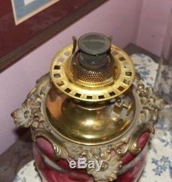 Antique Parlor Oil Lamp, Fostoria Glass Co. Solid Brass Font, New Wick, 30tall