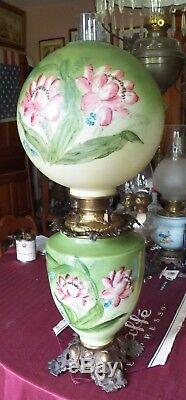 Antique Parlor Oil Lamp, Fostoria Glass Co. Solid Brass Font, New Wick, Signed