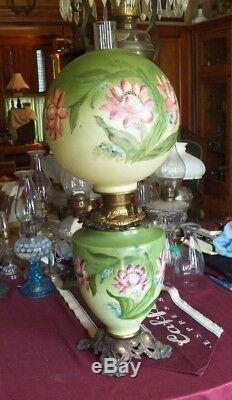 Antique Parlor Oil Lamp, Fostoria Glass Co. Solid Brass Font, New Wick, Signed