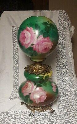 Antique Parlor SIGNED Gone With The Wind Oil Lamp Hand Painted Roses