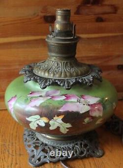 Antique Parlor lamp P&A Green glass floral hand painted Oil lantern Brass Bronze
