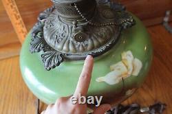 Antique Parlor lamp P&A Green glass floral hand painted Oil lantern Brass Bronze