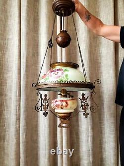 Antique Patented 1886 Hanging Library Oil Lamp Hand Painted Shade