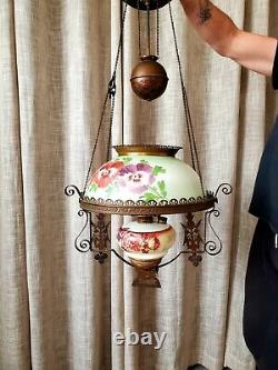 Antique Patented 1886 Hanging Library Oil Lamp Hand Painted Shade