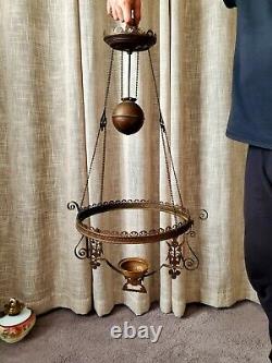 Antique Patented 1886 Hanging Library Oil Lamp Hand Painted Shade