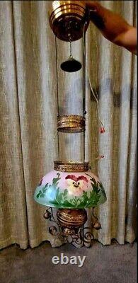 Antique Patented 1889 Hanging Library Oil Lamp Hand Painted Shade