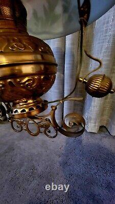 Antique Patented 1889 Hanging Library Oil Lamp Hand Painted Shade