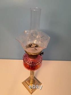 Antique Pedestal British Cranberry Glass Oil Lamp Brass Duplex Burner 28 Works