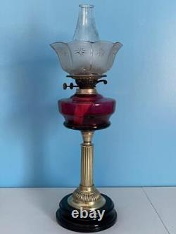 Antique Pedestal English Cranberry Glass Oil Lamp Brass Duplex Burner 24 Works