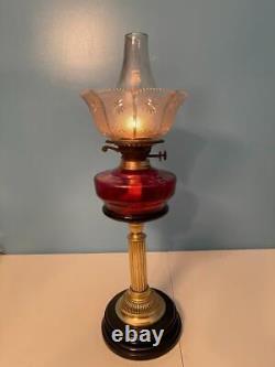 Antique Pedestal English Cranberry Glass Oil Lamp Brass Duplex Burner 24 Works