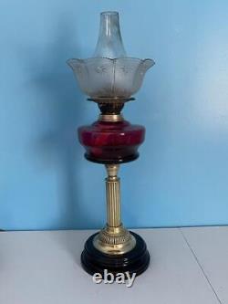 Antique Pedestal English Cranberry Glass Oil Lamp Brass Duplex Burner 24 Works