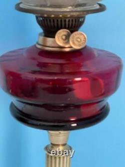 Antique Pedestal English Cranberry Glass Oil Lamp Brass Duplex Burner 24 Works