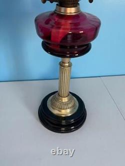 Antique Pedestal English Cranberry Glass Oil Lamp Brass Duplex Burner 24 Works