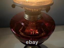 Antique Pedestal English Cranberry Glass Oil Lamp Brass Duplex Burner 24 Works