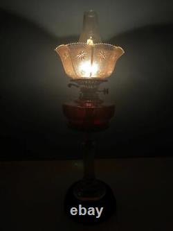 Antique Pedestal English Cranberry Glass Oil Lamp Brass Duplex Burner 24 Works