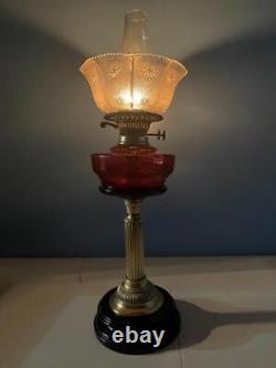 Antique Pedestal English Cranberry Glass Oil Lamp Brass Duplex Burner 24 Works