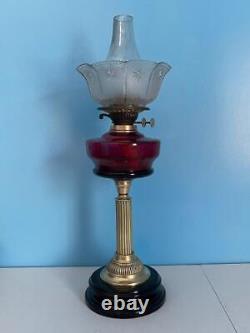 Antique Pedestal English Cranberry Glass Oil Lamp Brass Duplex Burner 24 Works