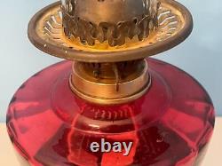 Antique Pedestal English Cranberry Glass Oil Lamp Brass Duplex Burner 24 Works