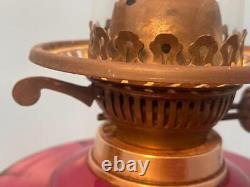 Antique Pedestal English Cranberry Glass Oil Lamp Brass Duplex Burner 24 Works