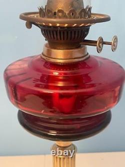 Antique Pedestal English Cranberry Glass Oil Lamp Brass Duplex Burner 24 Works