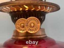 Antique Pedestal English Cranberry Glass Oil Lamp Brass Duplex Burner 24 Works