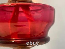 Antique Pedestal English Cranberry Glass Oil Lamp Brass Duplex Burner 24 Works