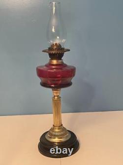 Antique Pedestal English Cranberry Glass Oil Lamp Brass Duplex Burner 24 Works