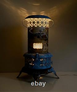 Antique Perfection Oil Heater Converted Electric Lamp Light Handpainted Blue